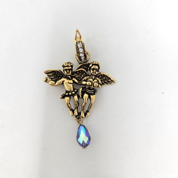 Kirks Folly Gold Tone Cherubs Crystal Dangle Necklace Enhancer Pendant - Picture 1 of 3